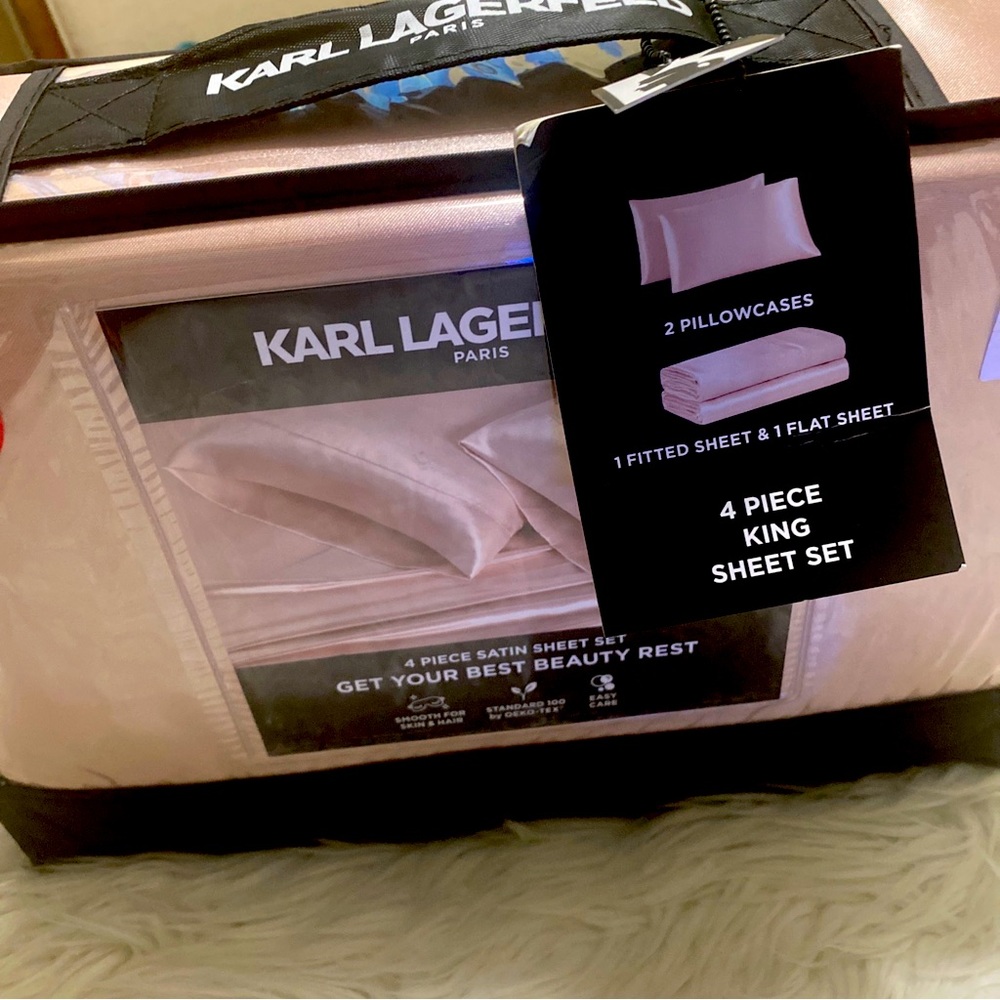 Karl Lagerfeld Satin Sheet Set King 4Pc Pink Paris Get Your Beauty Rest NEW